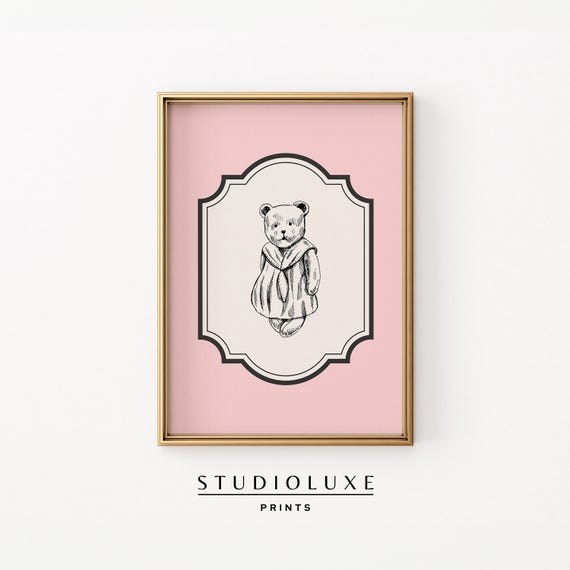 Vintage Nursery Gallery Wall Art Teddy Bear Print Pink Pastel Baby Room Decor Illustration Sketch Prints