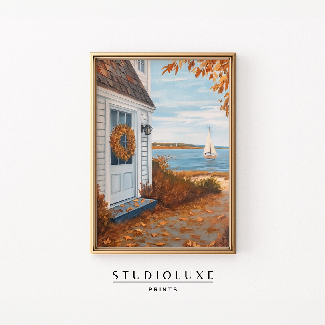 Coastal Fall House Art Print, Nautical Autumn Decor