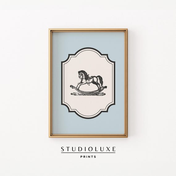 Vintage Nursery Gallery Wall Art Blue Rocking Horse Genderneutral Baby Room Decor Illustration Sketch Prints