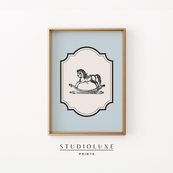 Vintage Rocking Horse Sketch Blue Baby Nursery Decor Classic Toy Wall Art
