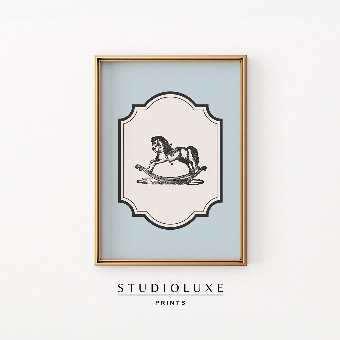Vintage Rocking Horse Sketch Blue Baby Nursery Decor Classic Toy Wall Art