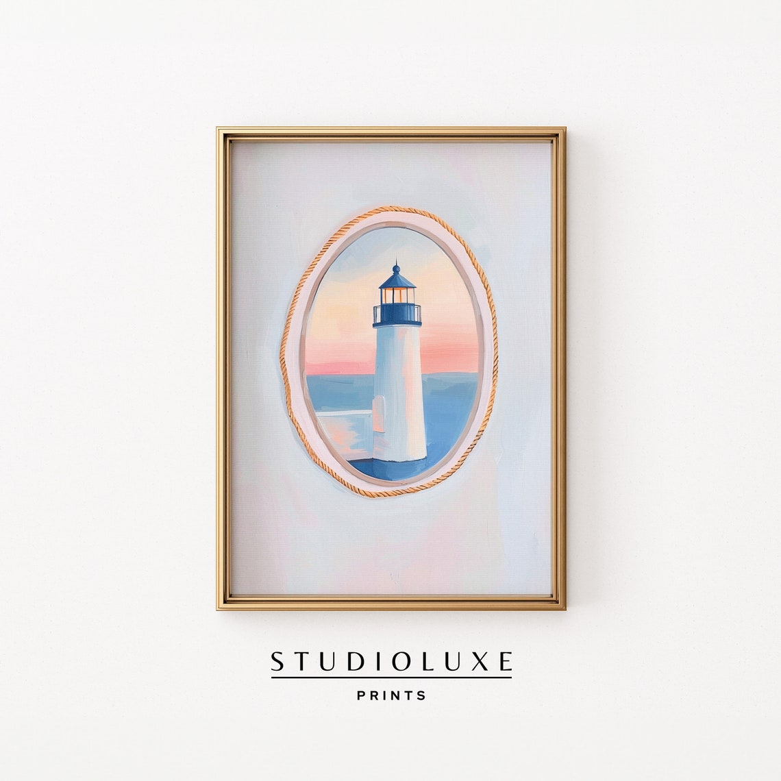 Lighthouse at Sunset in an Oval Rope Frame Coastal Nautical Poster