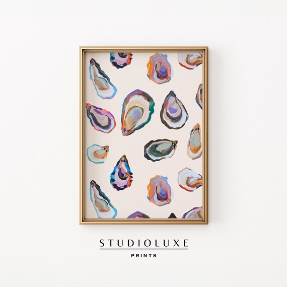 Colorful Oyster Shells Watercolor Pattern Beach Kitchen Wall Art