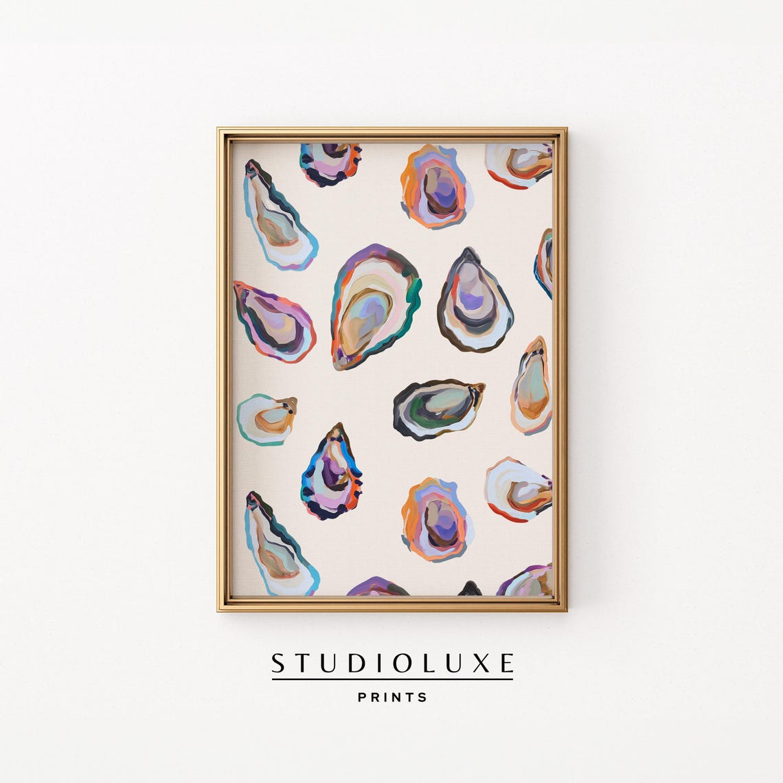 Colorful Oyster Shells Watercolor Pattern Beach Kitchen Wall Art