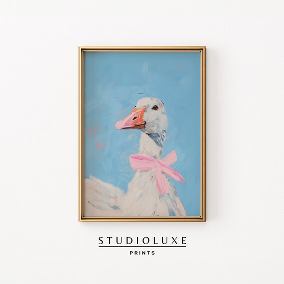 White Goose Wearing a Pink Bow Blue Background Nursery Wall Art