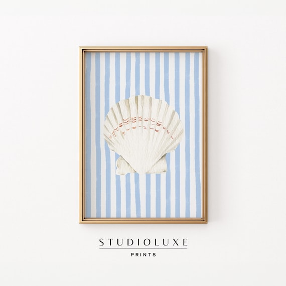 White Scallop Shell Blue Stripes Minimalist Coastal Wall Art