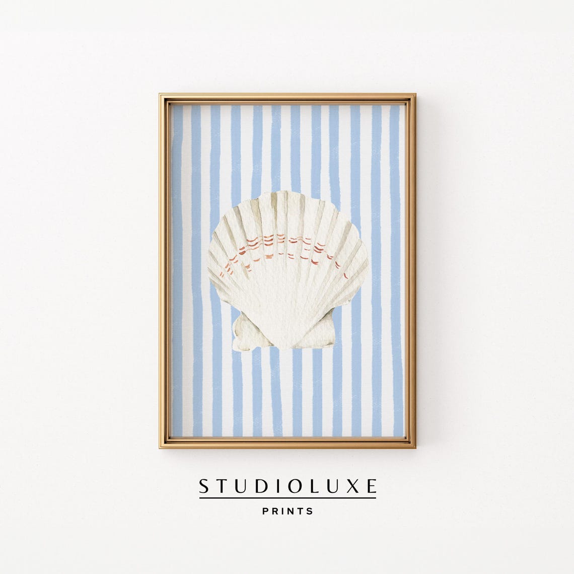 White Scallop Shell Blue Stripes Minimalist Coastal Wall Art