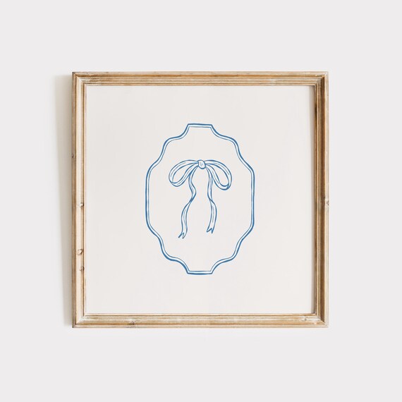 Blue Line Art Bow in Scalloped Frame Minimalist Design Poster