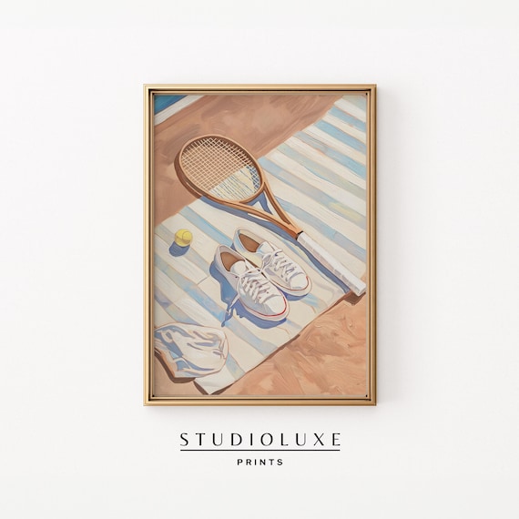 Vintage Tennis Racket Ball Sneakers Beach Still Life Art Poster