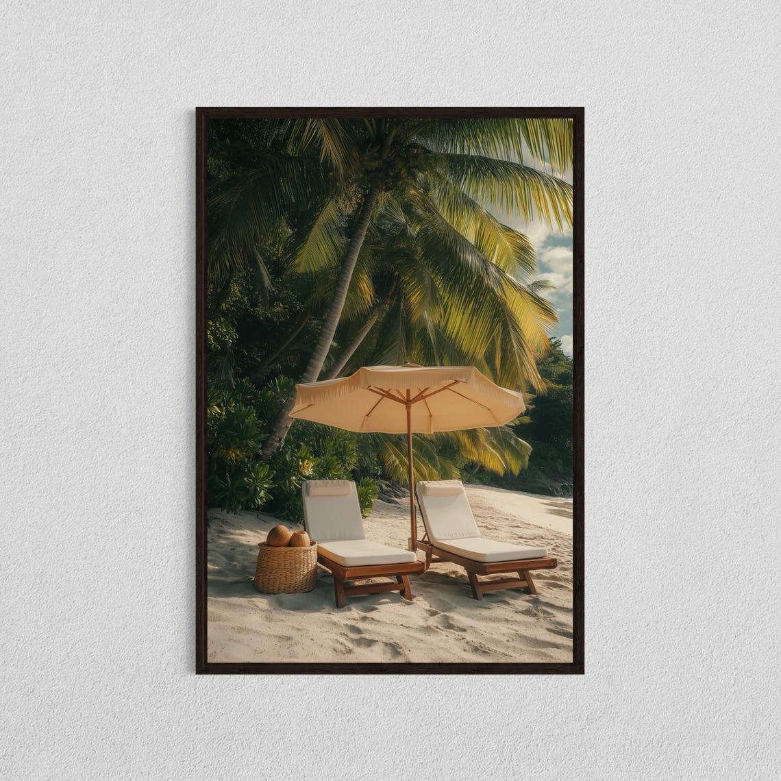 Tropical Beach Loungers Under Umbrella Palm Fronds Art Print
