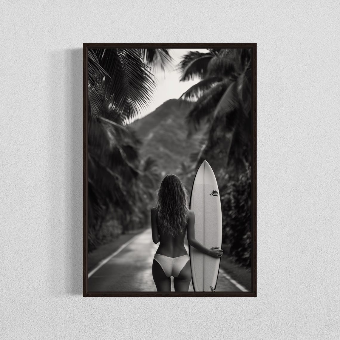 Black And White Surfer Girl With Surfboard Tropical Road Poster