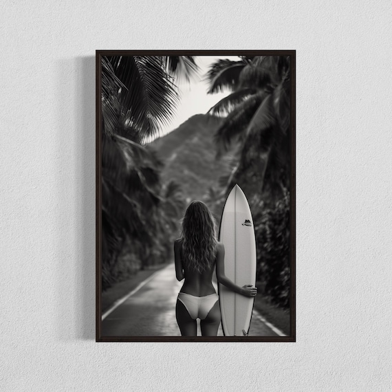 Black and White Surfer Girl With Board on a Tropical Road Poster
