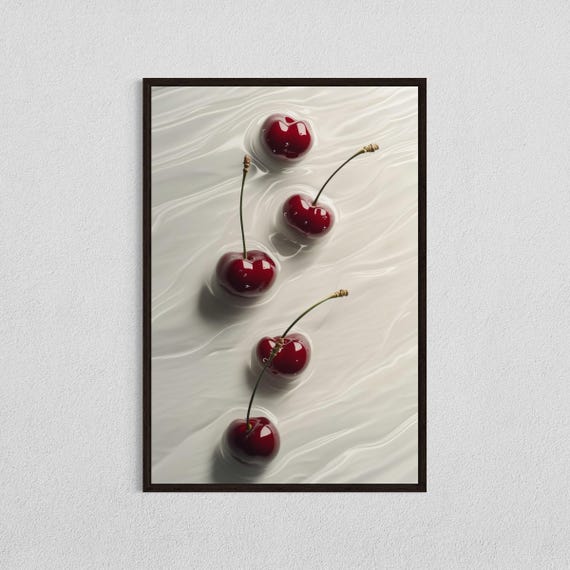 Cherry Water Ripples Wall Art Minimalist Fruit Print Modern Kitchen Decor