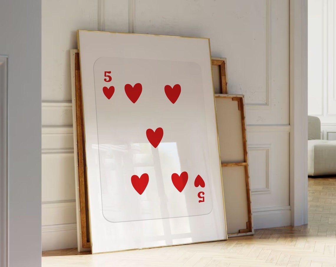Five Of Hearts Red Playing Card Modern Game Room Decor Poster