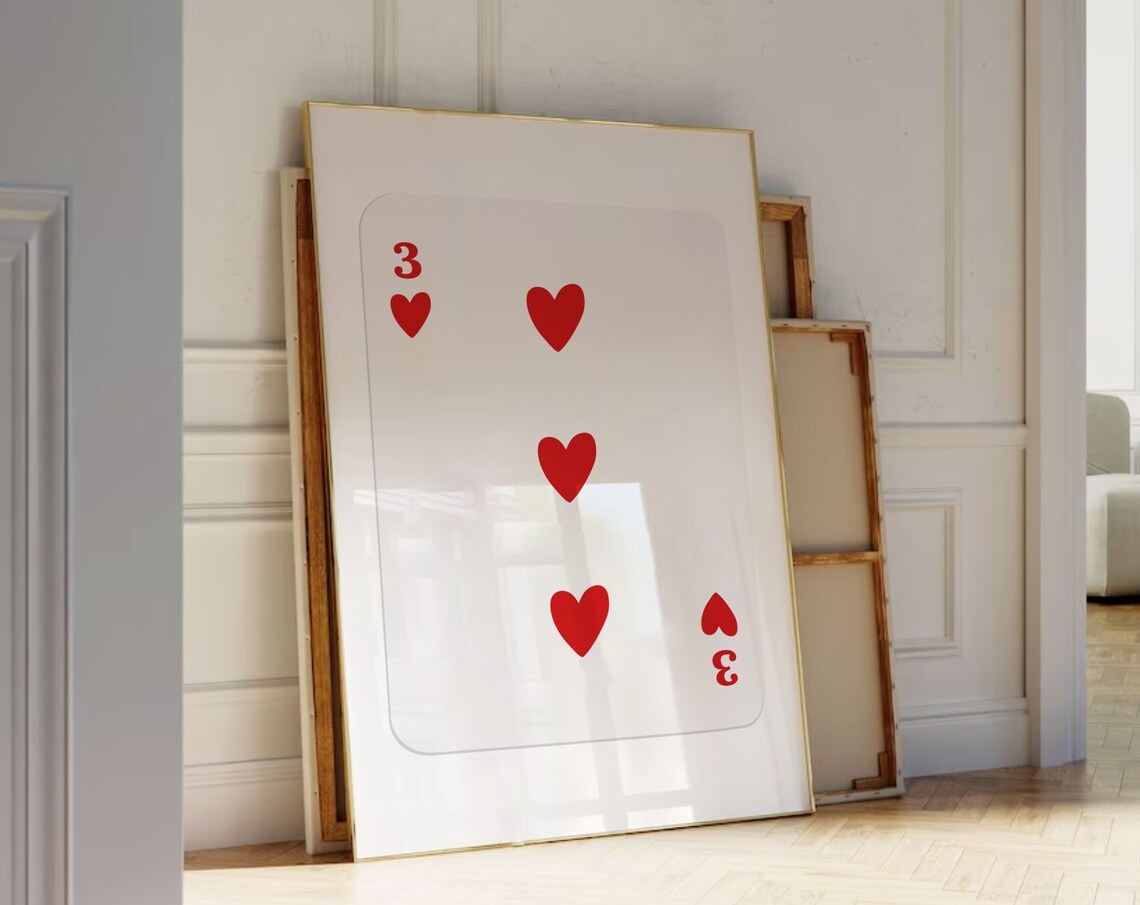 Red Three Of Hearts Retro Playing Card Art Print