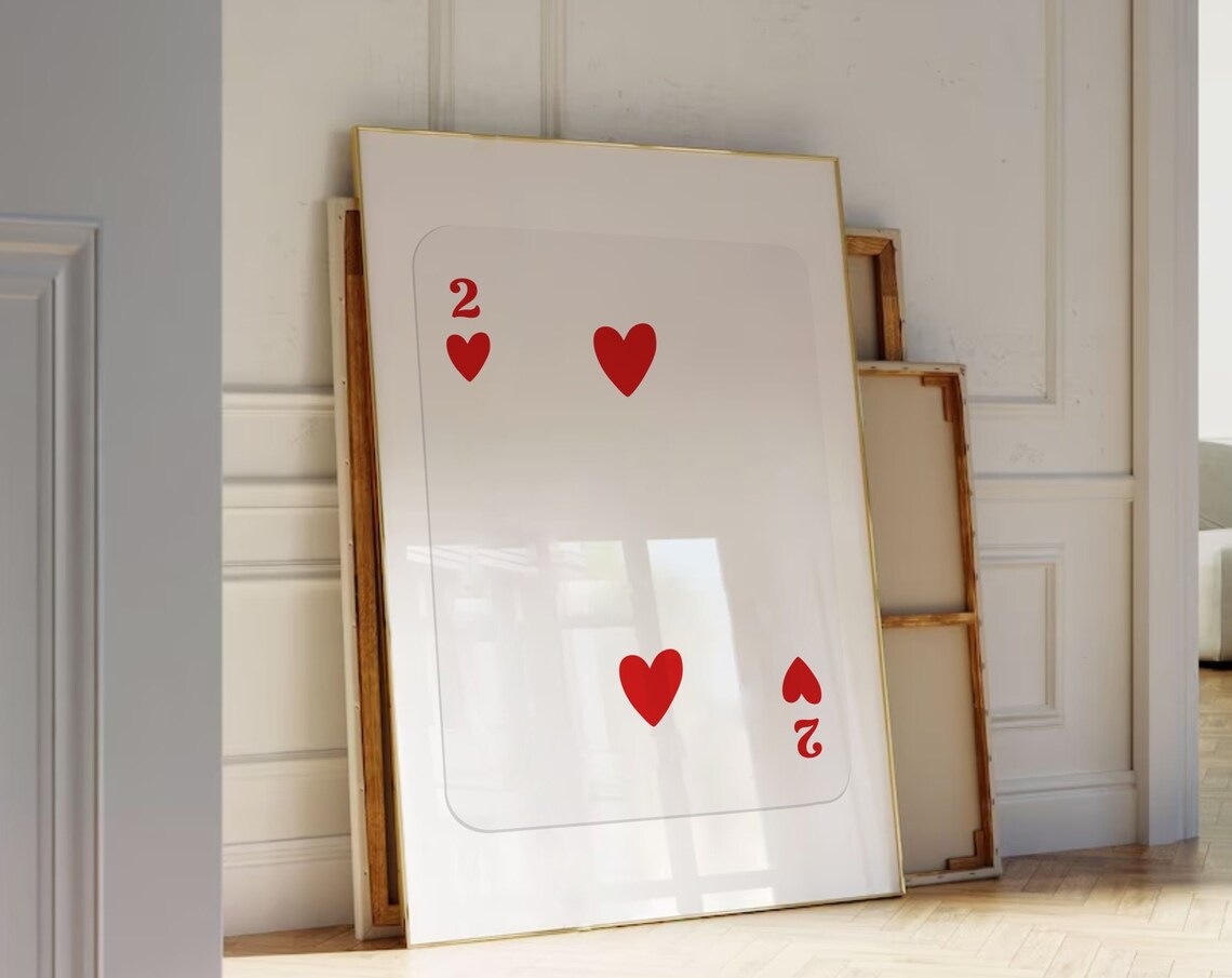 Two of Hearts Playing Card Minimalist Modern Red Hearts Wall Art