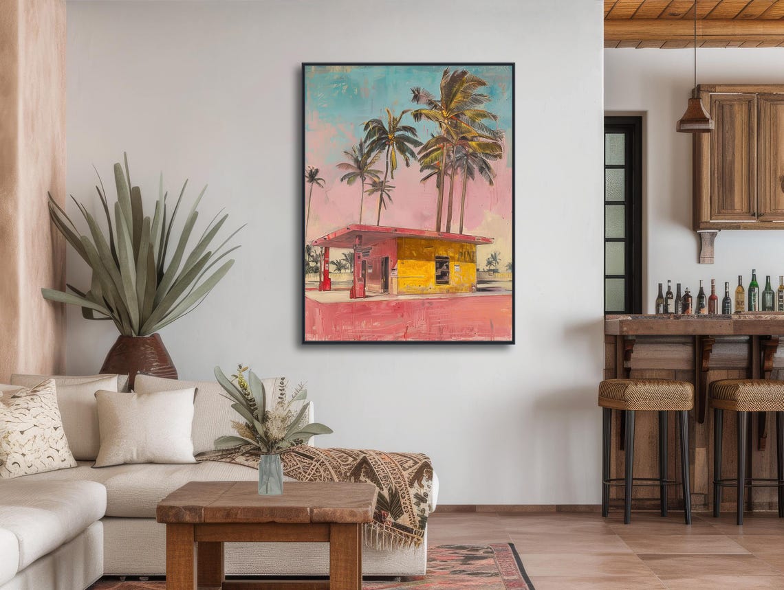 Retro Beach Art Painting Vintage Station With Palm Trees Mid Century Modern Tropical Wall Decor Framed Or Gicle Pit Stop - Image 3