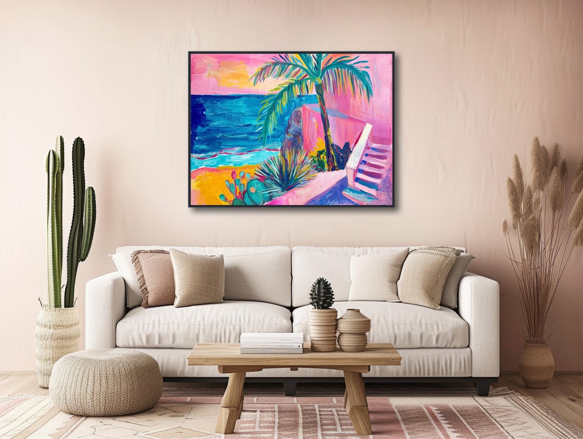 Tropical Abstract Painting Modern Beach Wall Art With Palm Tree Gicle Or Framed Print Pink Blue Beachside Palm - Image 3