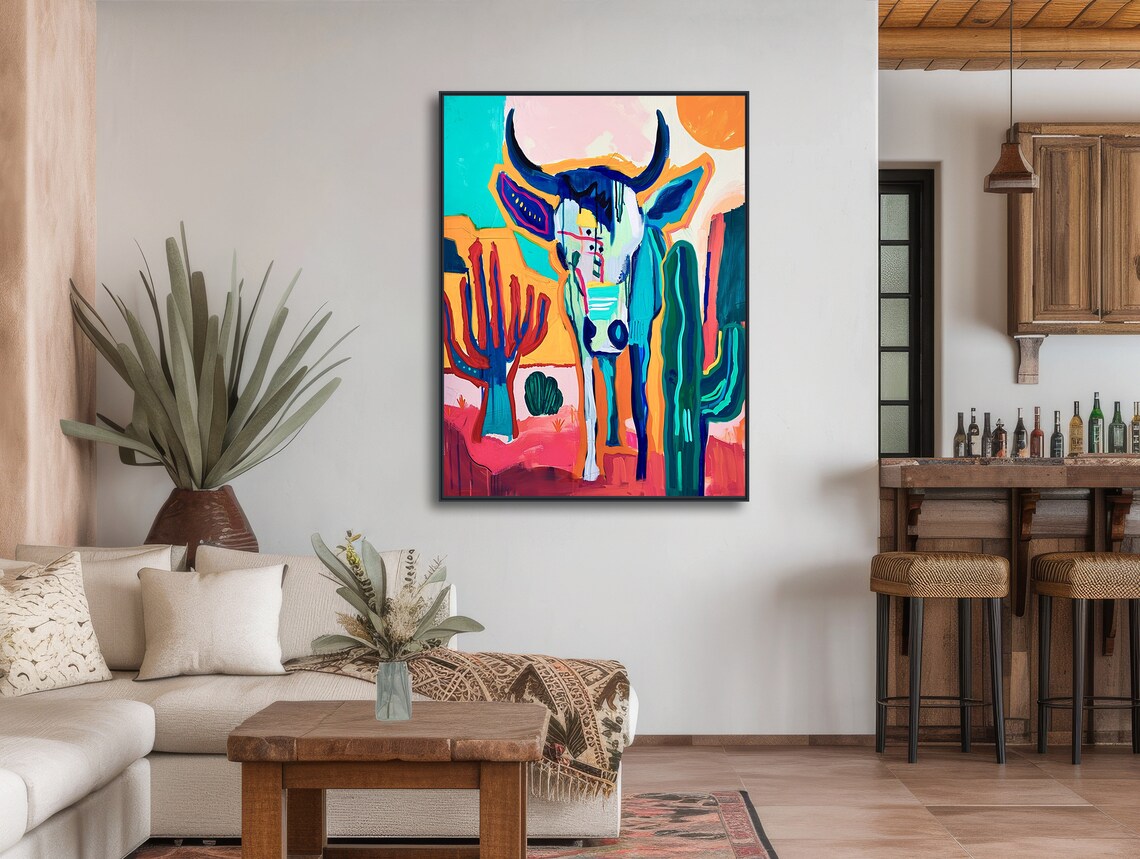 Pecos Southwestern Abstract Bull and Cactus Art Print - Image 3