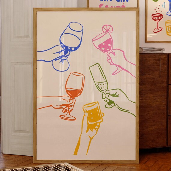 Cheers Cocktail Toast Colorful Hands Line Art Party Bar Wall Art