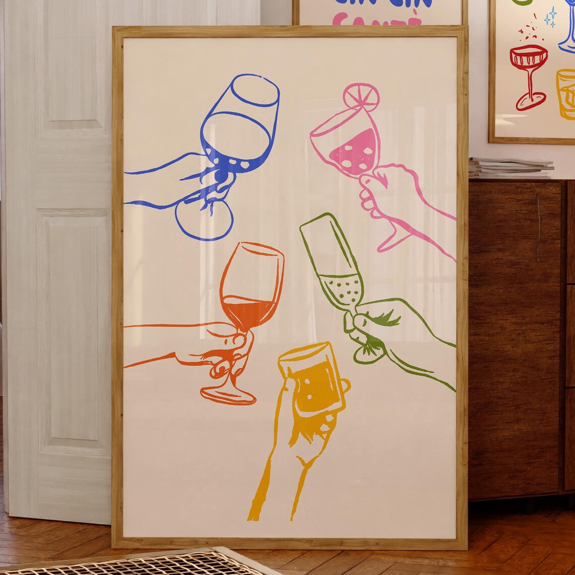 Cheers Cocktail Toast Colorful Hands Line Art Party Bar Wall Art