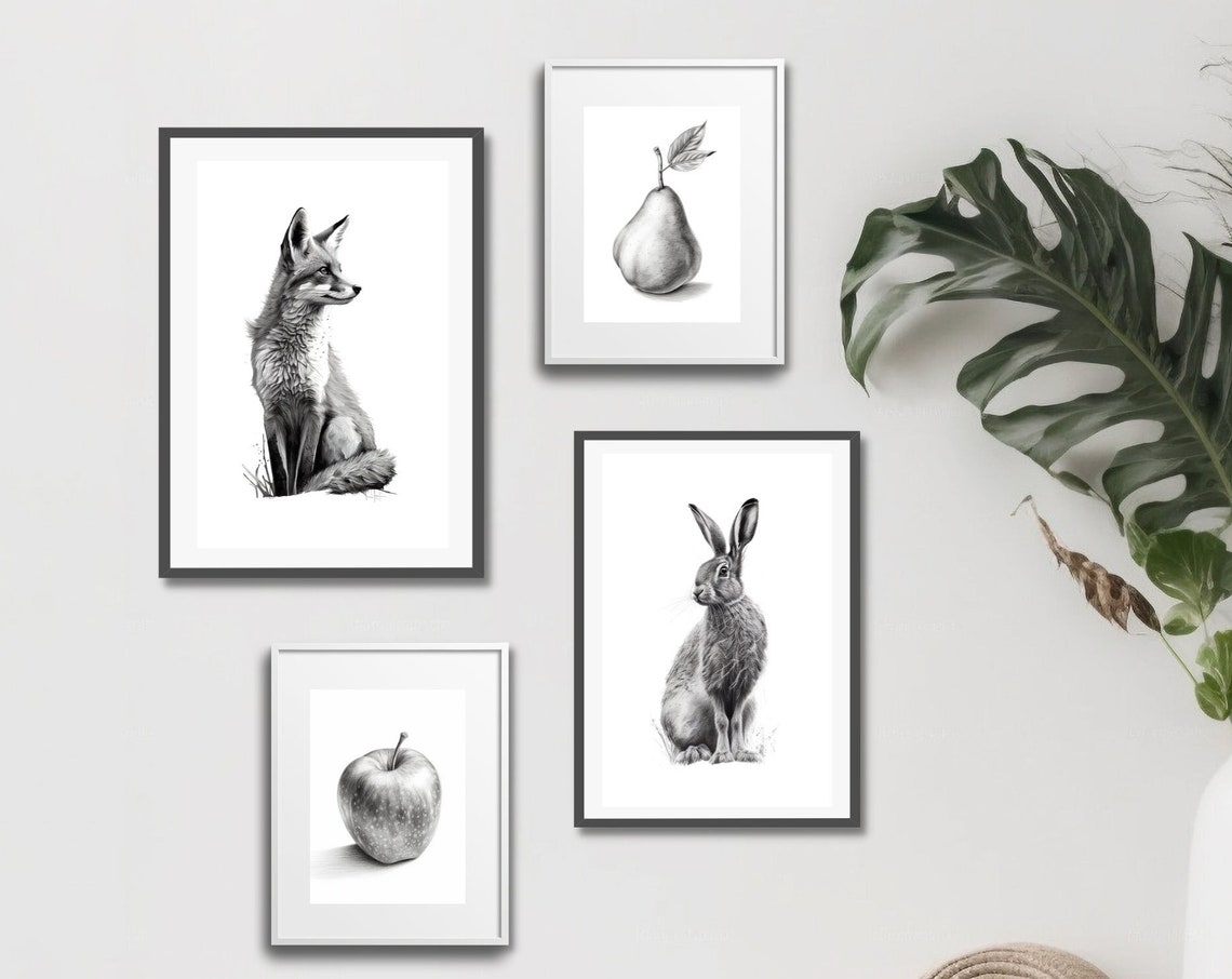 Set Of 4 Black White Sketches Fox Rabbit Pear Apple Wall Art - Image 4