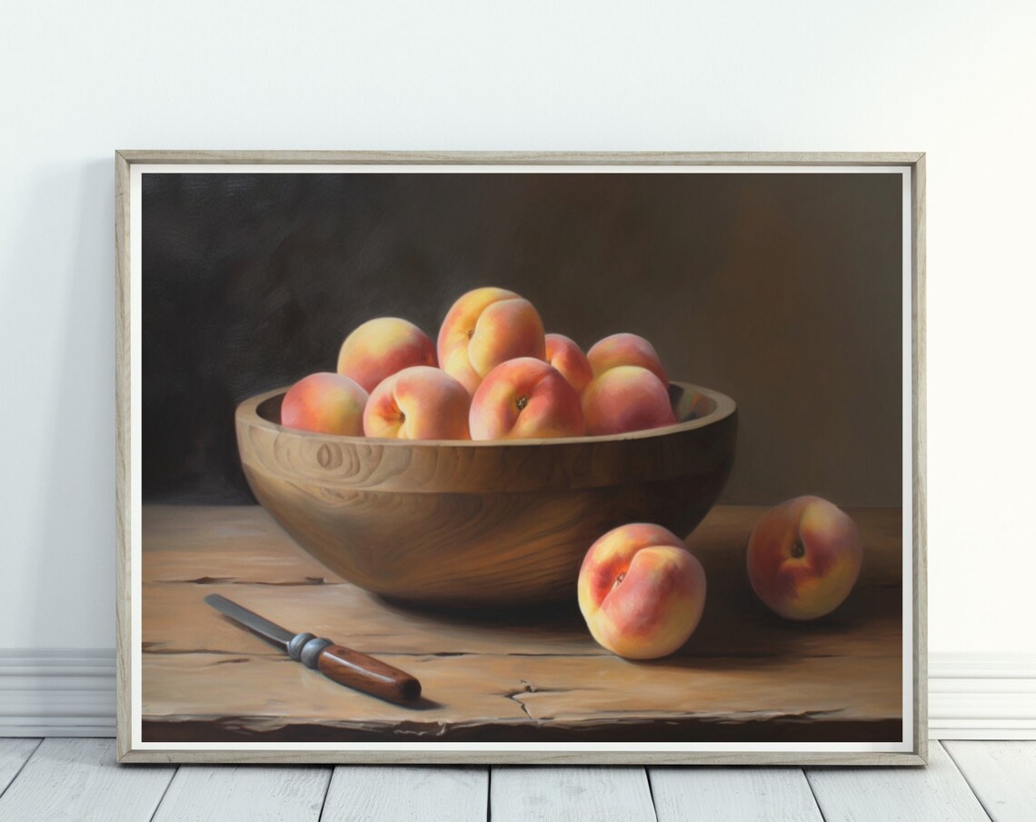 Wooden Bowl Of Peaches Vintage Still Life Oil Painting Kitchen Poster - Image 4