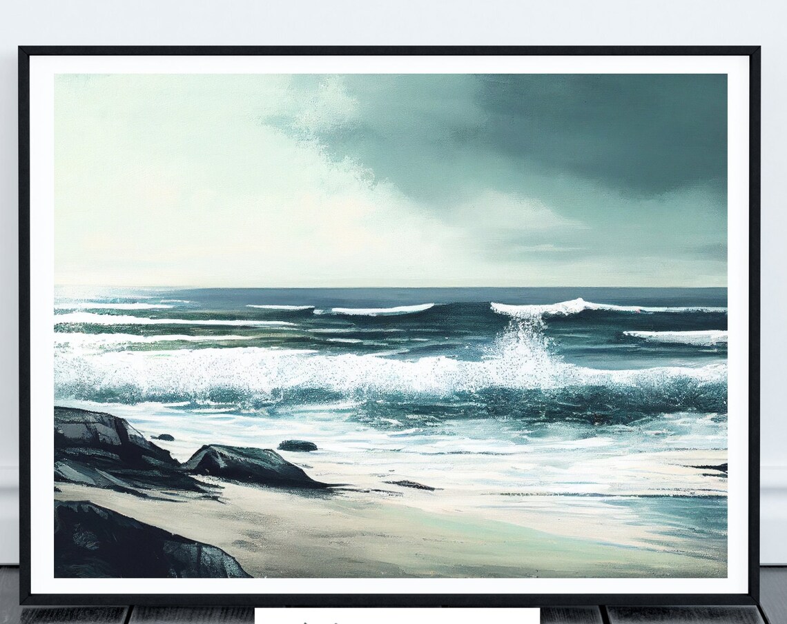 Teal Ocean Waves Rocky Beach Seascape Painting Coastal Poster