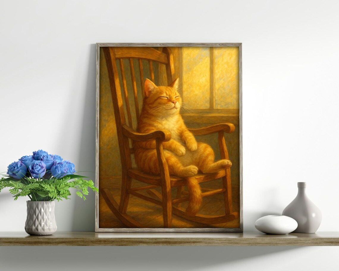 Sunbathing Cat In Rocking Chair, Cozy Vintage Animal Art - Image 4