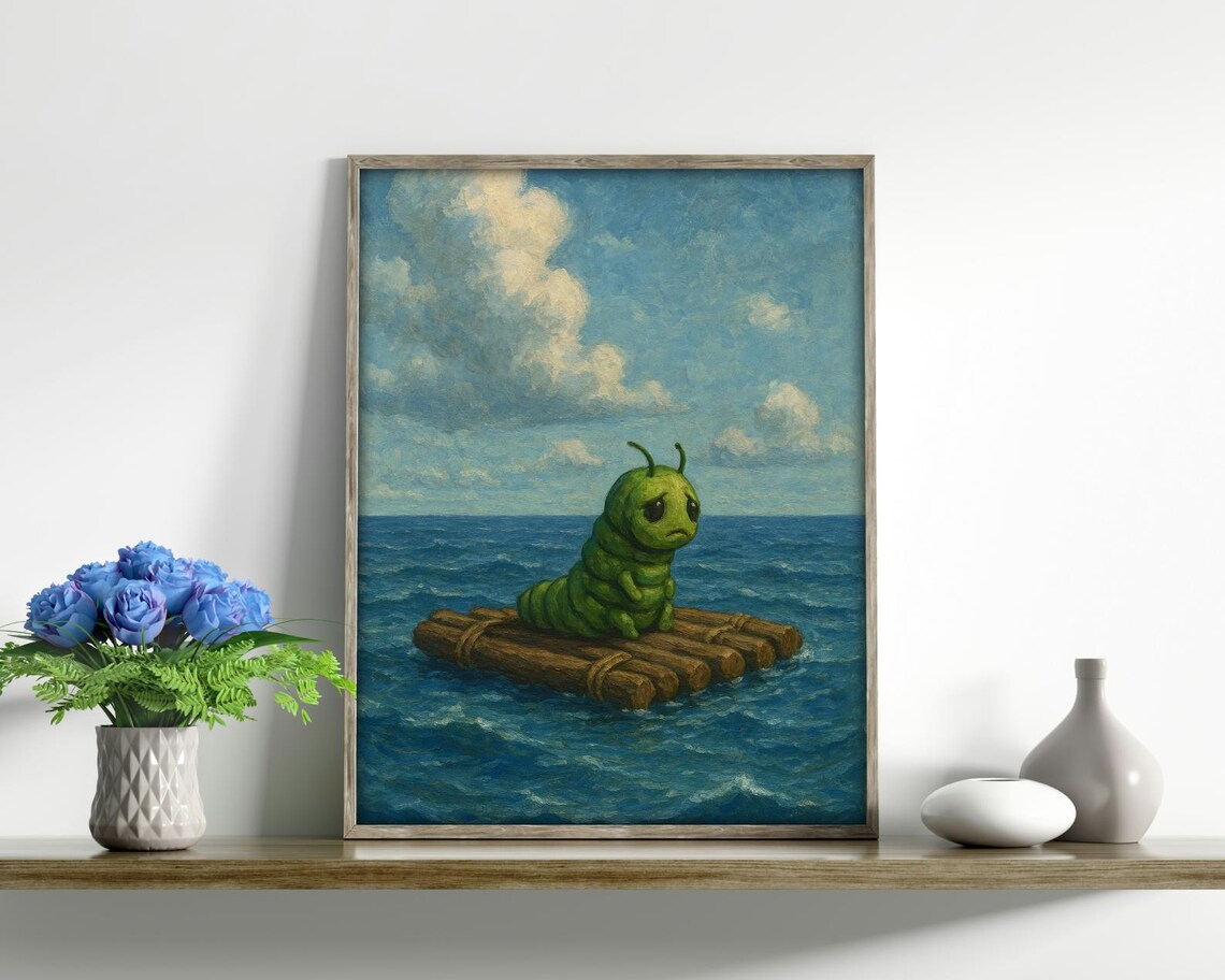 Adrift Caterpillar Whimsical Sad Ocean Art Print