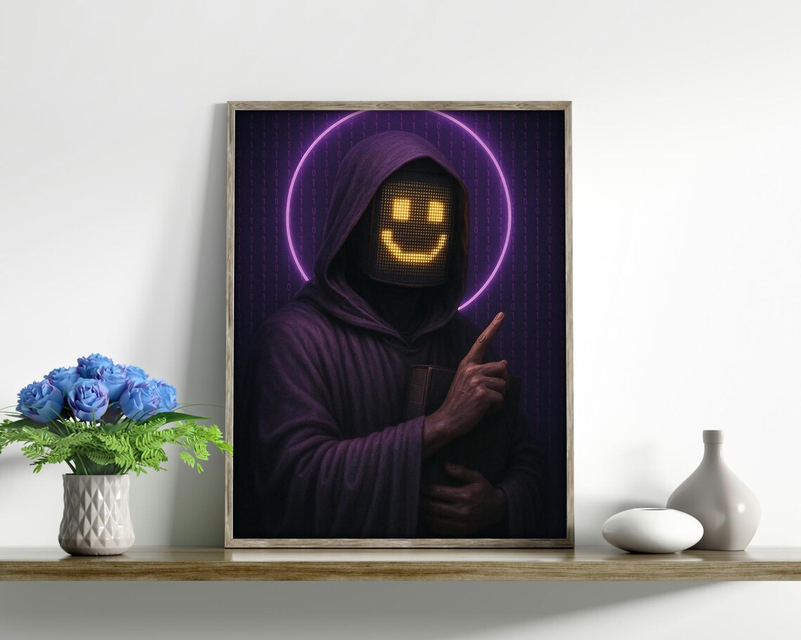 Cyber Monk With Smiley Face Art Print - Image 3