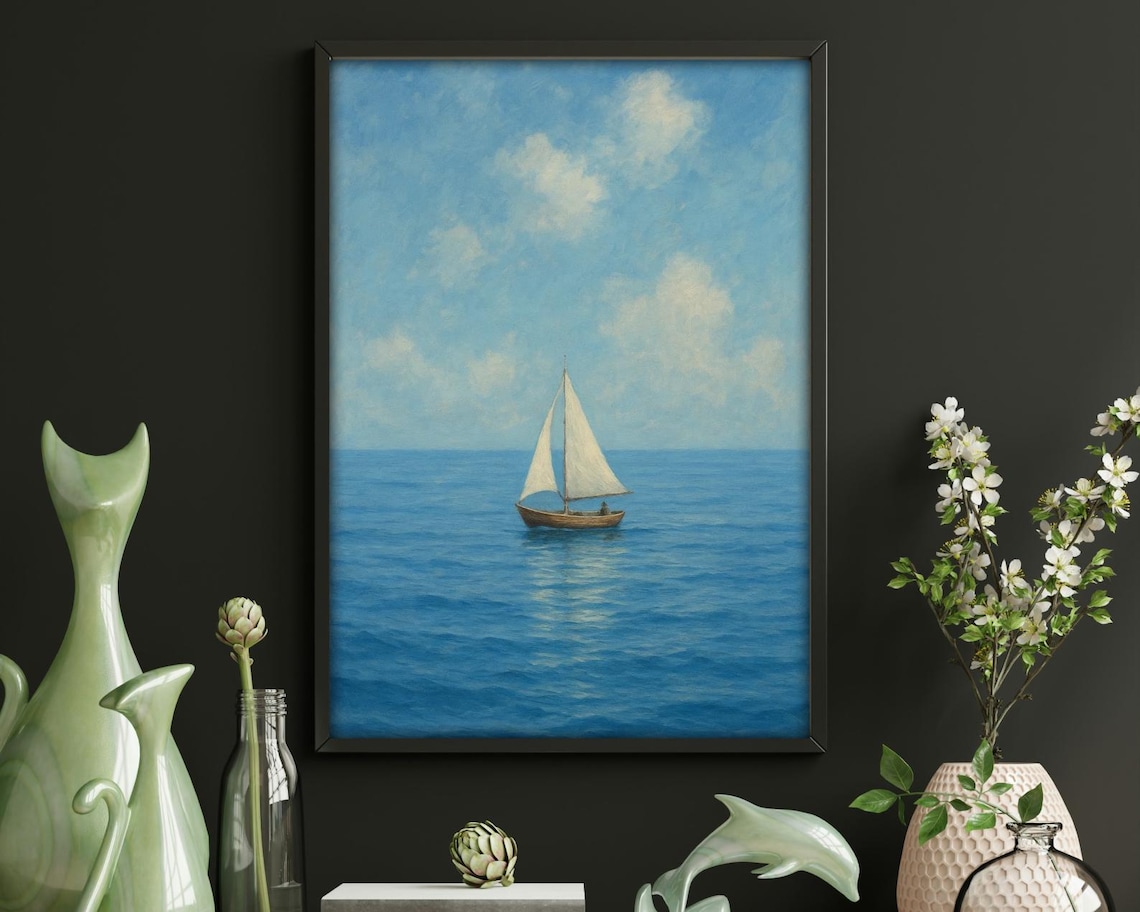 Minimalist Sailboat in Still Blue Waters Art Print - Image 3
