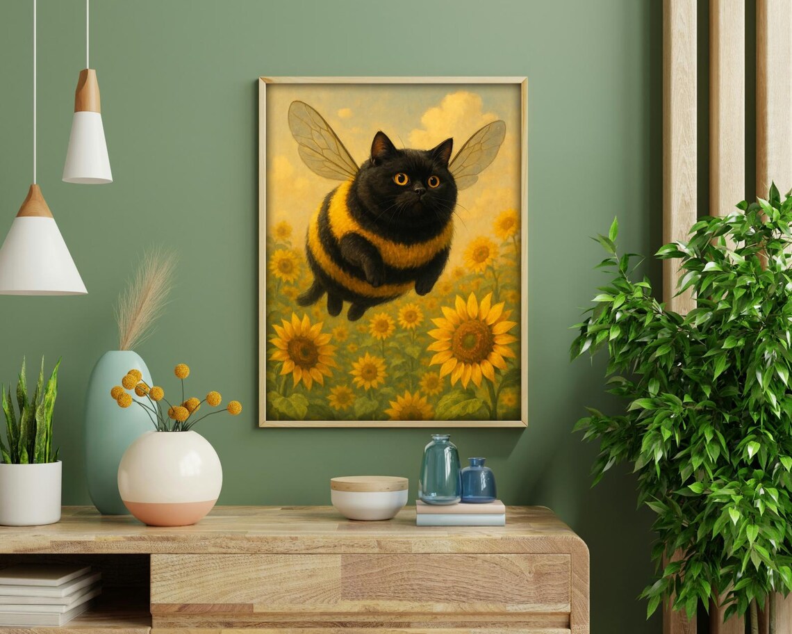 Cute Bee Cat, Whimsical Sunflower Field Art Print - Image 3