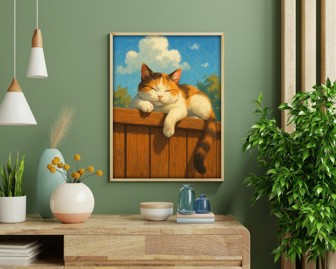 Lazy Cat Afternoon Cozy Calico On Fence Art Print