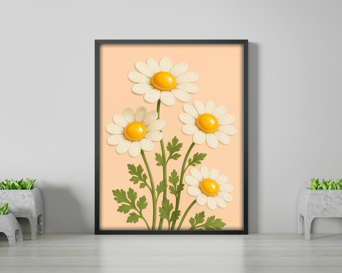 Surreal Daisy Egg Flowers, Whimsical Kitchen Art - Image 2