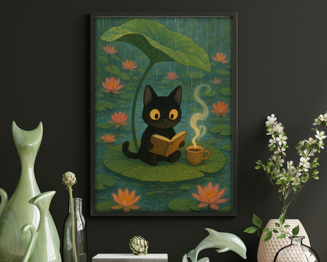 Black Cat Under Lily Pad - Rainy Day Art - Image 4