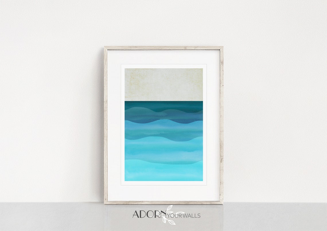 Teal Watercolor Ocean Waves Gradient Minimalist Seascape Wall Art