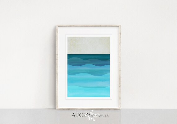 Teal Watercolor Ocean Waves Gradient Minimalist Seascape Wall Art