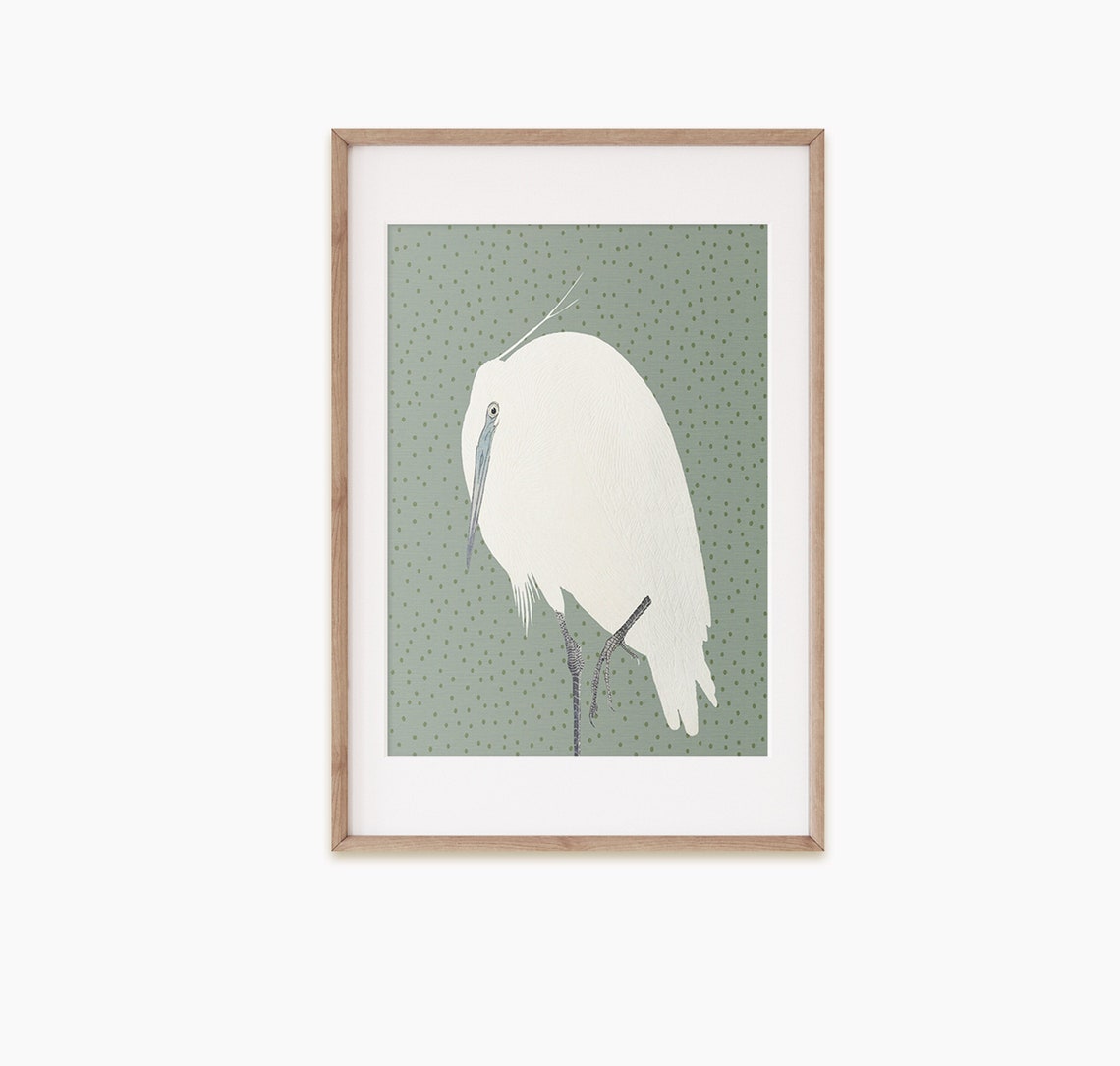 White Wading Bird Preening Sage Green Elegant Illustration Poster Art