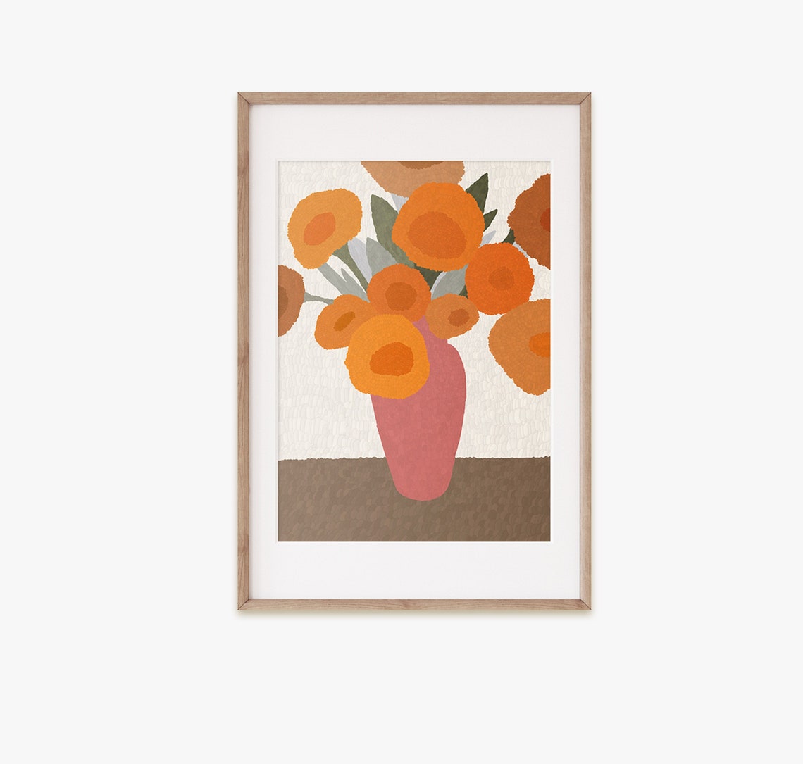 Orange Marigold Flowers Pink Vase Matisse Style Bold Poster Art Decor