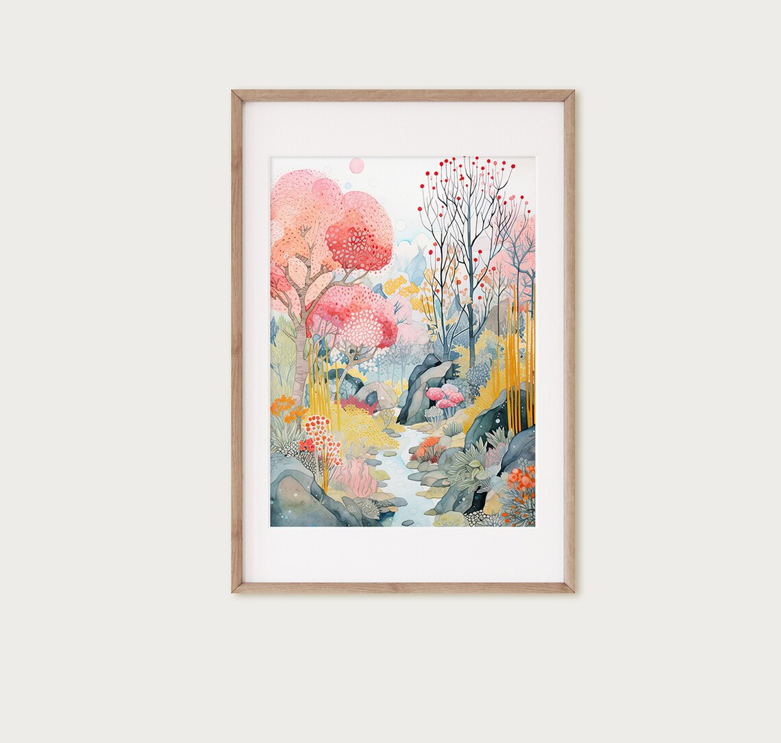 Dreamy Pink Blossom Woodland Watercolor Forest Stream Wall Art