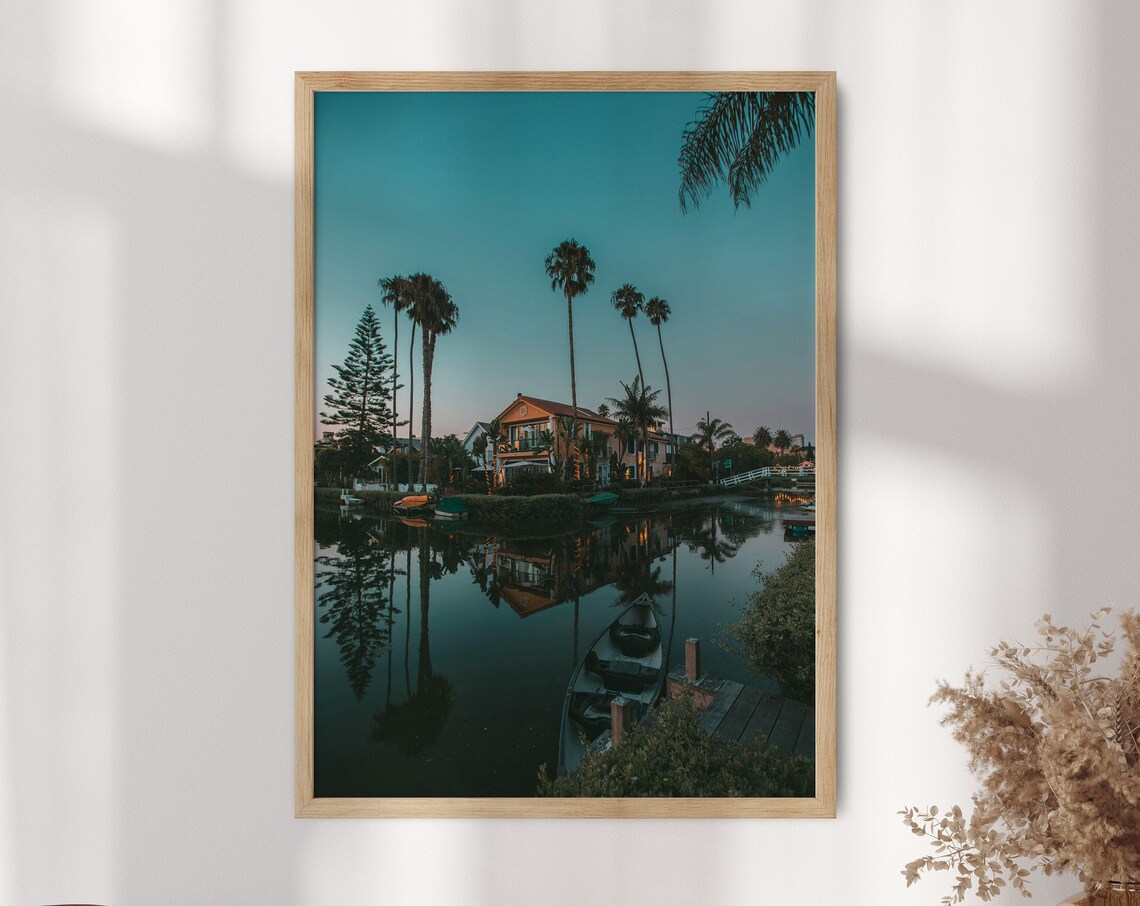 Venice Canals Dusk Palm Reflections Peaceful Los Angeles Travel Poster