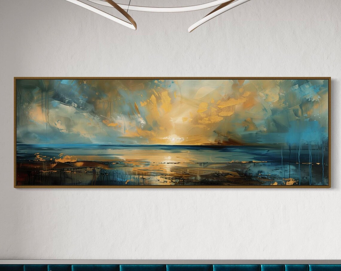 Golden Abstract Coastal Sunset Seascape Teal Gold Painting Print
