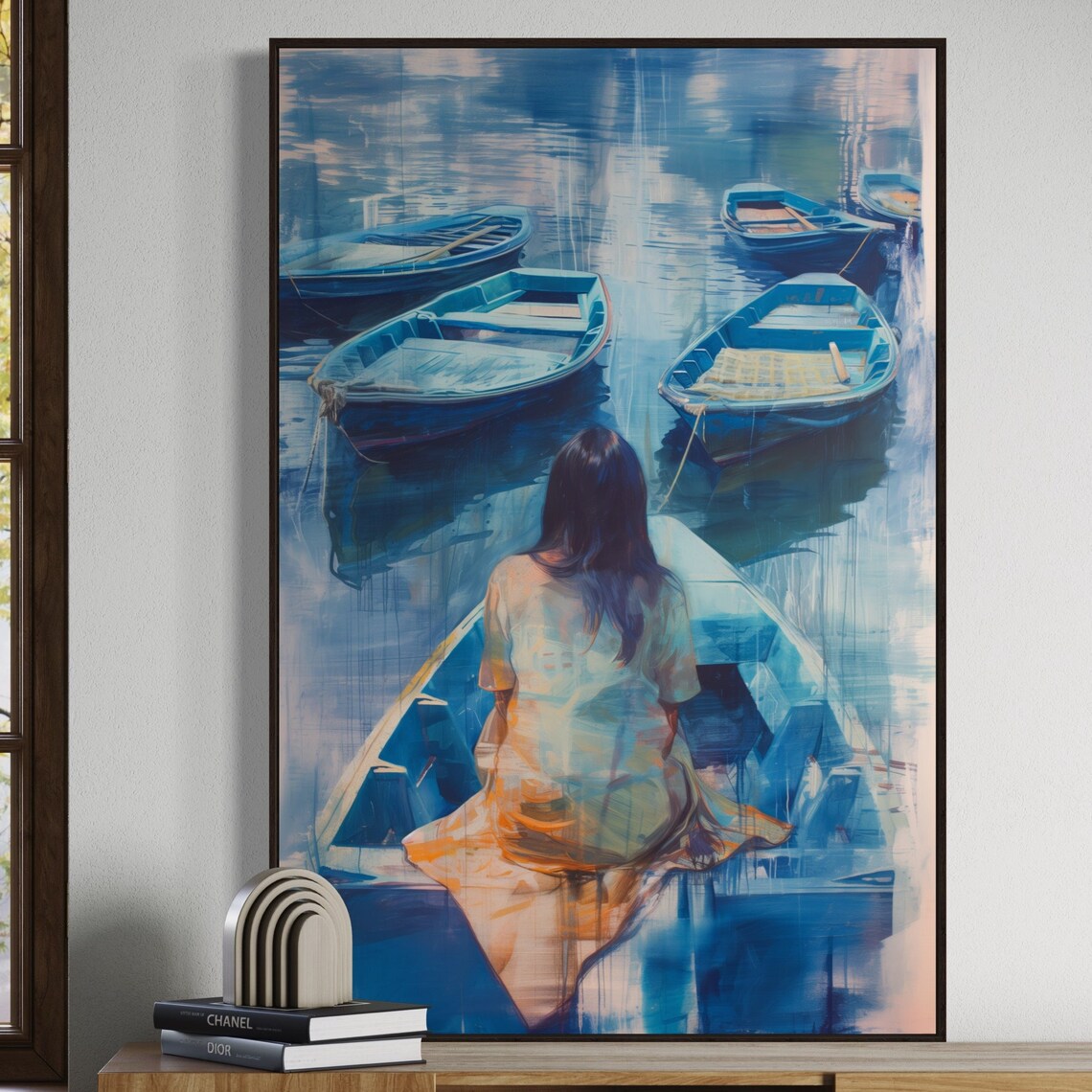 Woman In Blue Boat Surrounded By Blue Boats Dreamy Water Print