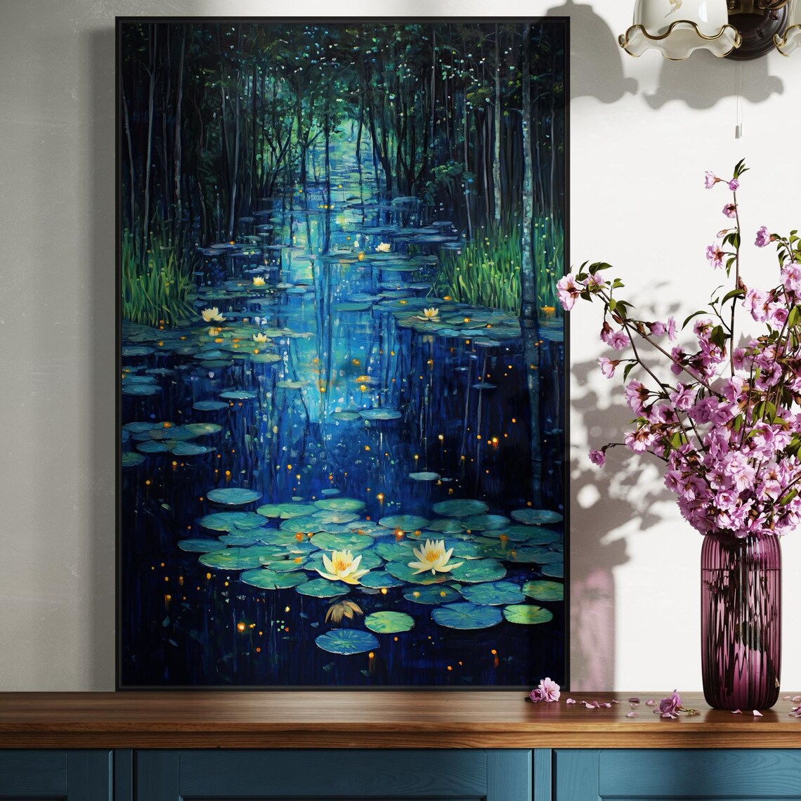 Moonlit Pond with Water Lilies and Fireflies Art Print