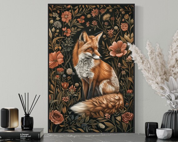 Whimsical Red Fox Dark Floral Botanical William Morris Style Print