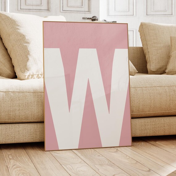 White Letter W Pink Minimal Alphabet Monogram Kids Room Poster