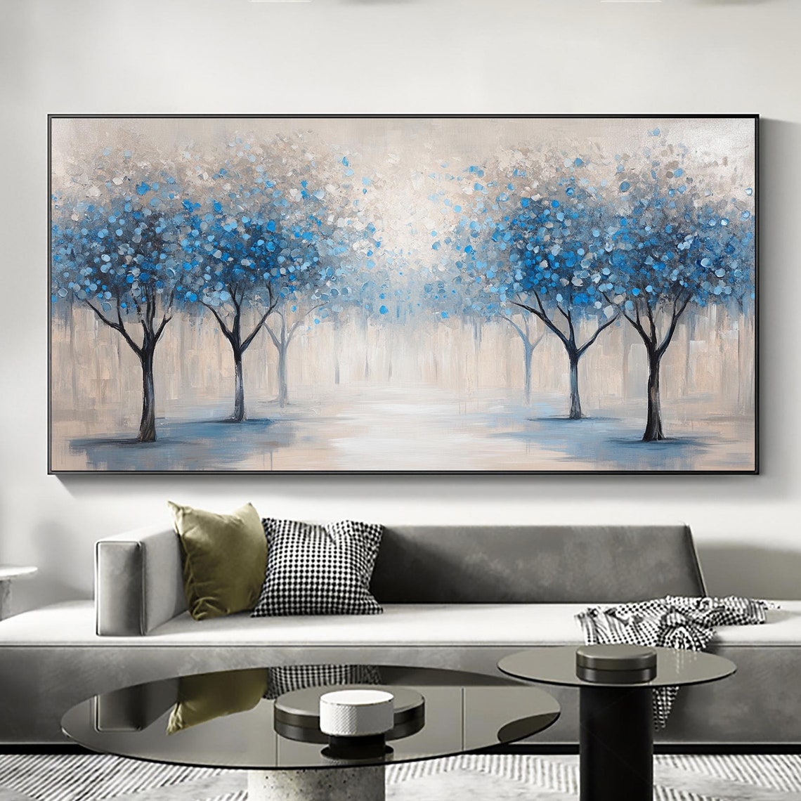 Blue Flowering Trees Along A Misty Path In Soft Blue Tones Poster