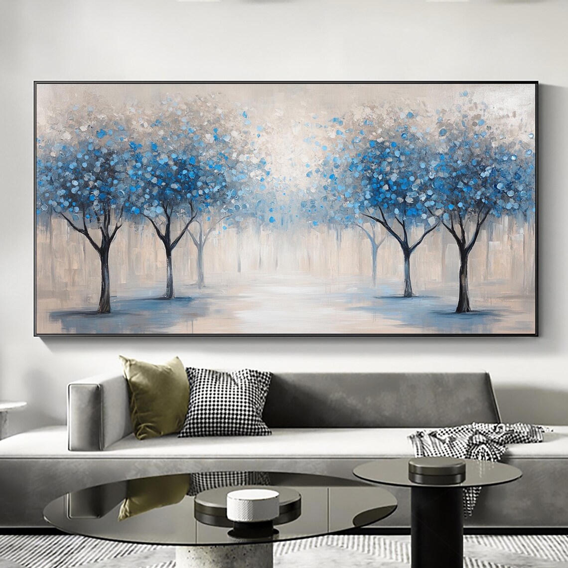 Original Blue Forest Oil Painting Large Tree Wall Art Decor Natural Landscape Painting Custom Modern Wall Art Living Room Decor