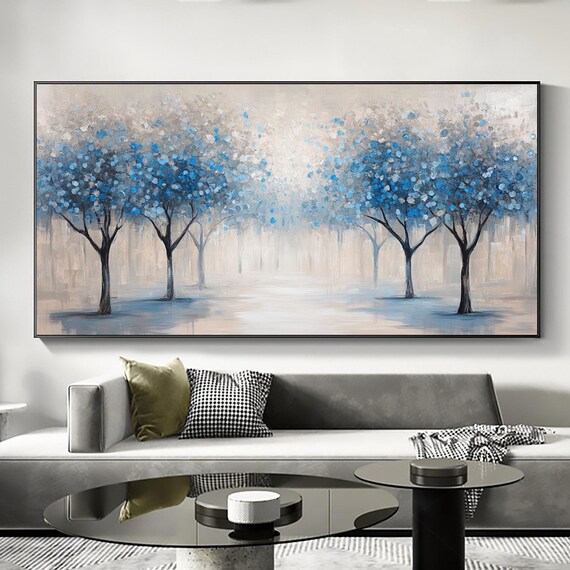 Original Blue Forest Oil Painting Large Tree Wall Art Decor Natural Landscape Painting Custom Modern Wall Art Living Room Decor